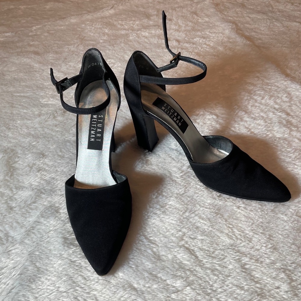 VTG Stuart Weitzman Black Satin Ankle Strap Pointed Toe Block Heel Pumps 7.5 B